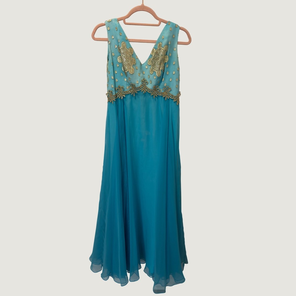 Vintage 1970s Dan Lee Couture Gold Embroidered Turquoise Chiffon Maxi Dress Gown